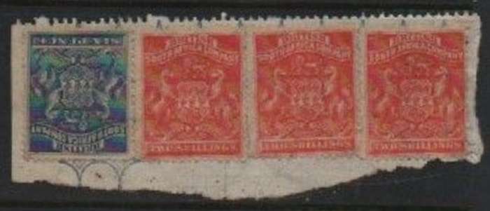Rhodesia / B.S.A.Co., 1892, 6d, 2/ (strip of 3) revenue used on  fragment