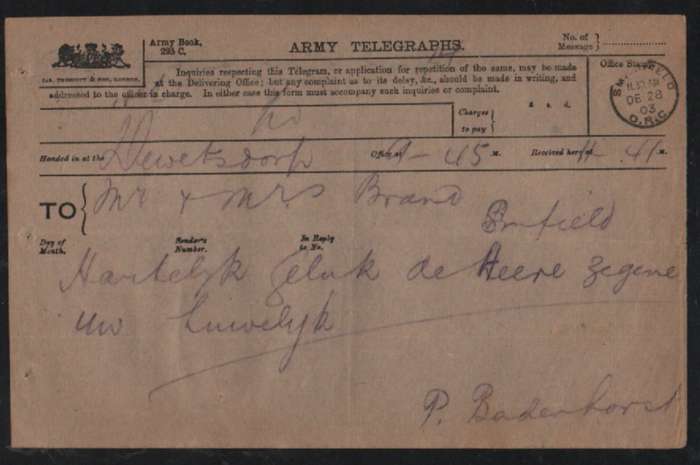 S Africa , 1903 Army Telegraphs > Mr & Mrs Brand, SMITHFIELD O.R.C. DEC 28 03,