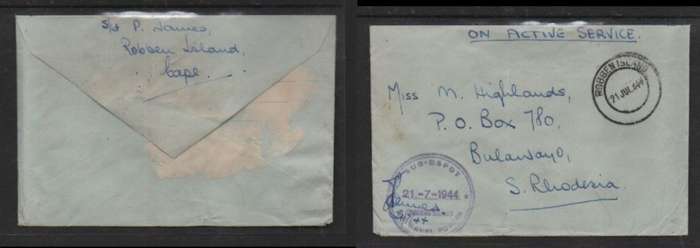 South Africa WWII OAS cover, SUB DEPOT S.A. NAVAL FORCES ROBBEN ISLAND 8.1.1945 > Bulawayo.