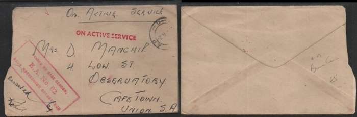 South Africa WWII On Active Service A.P.O c.d.s. PASSED BY BASE CENSOR E.A. 02