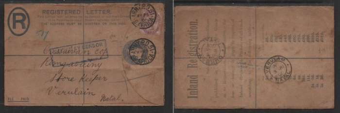 South Africa GB registered envelope 2d + GB 1d, used ARMY P.O.51 S. AFRICA MY 25 01 > VERULAM, DURB