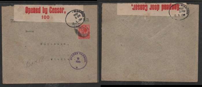 South West Africa 1d of S. Africa, LUDERITZ 12 MAR 18 > WINDHUK, PASSED BY CENSOR B100