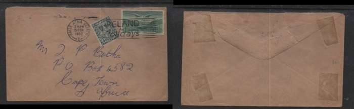 Ireland, cover > S.Africa, 1s4d, BAILE ATHA CLAITH 15 FEB 52 c.d.s. + slogan IRELAND FOR HOLIDAYS