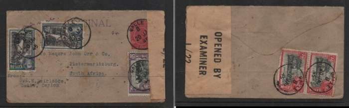 Ceylon, GVIR, 6c envelope & 94c adhesives, air mail, GALLE 20 JA 45 c.d.s.> S.Africa, EXAMINER 1/22