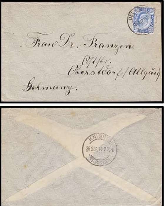Transvaal, EVIIR, 2 1/2 cover, DELMORE TRANSVAAL 26 SEP 1910 > Germany, KNIGHTS TRANSVAAL 26 SEP 10,