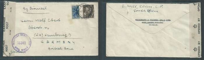 South Africa air mail, 1s9d ELIM 6 FE 47 > Germany British Zone, MILITARY CENSORSHIP CIVIL MAILS + l