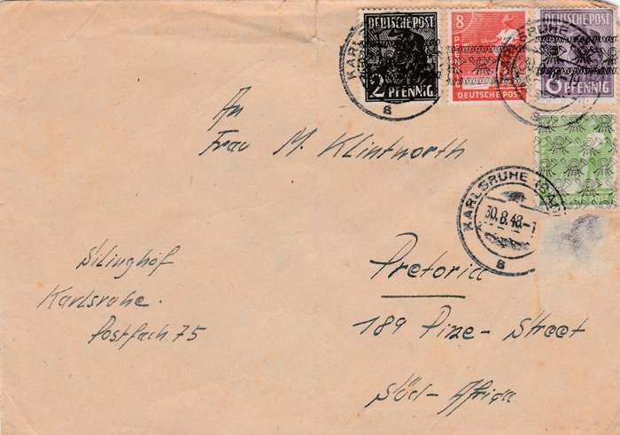 Germany American -British Zone , cover 4 colour frankng (1 removed) KARLSRUH 30 8 48 >S.Africa