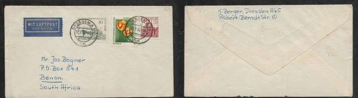 Germany DDR, cover 40pf, DRESDEN 13.3.62 > S.Africa,