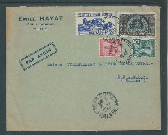 Tunis, cover, 19Fr 4 colour franking, TUNIS R.P. DEPART ?? ?? 1948 , Air Mail > Switzerland