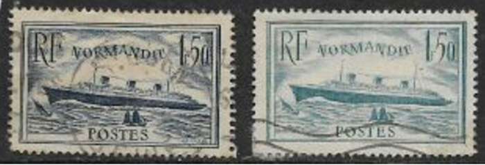 France, 1935, 1936, NORMANDIE, 1f50, deep blue, sky blue, used