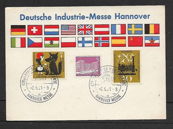 Germany DEUTSCH INDUSTRIE-MESSE HANNOVER card with 3 stamps 2.5.61 special c.d.s.