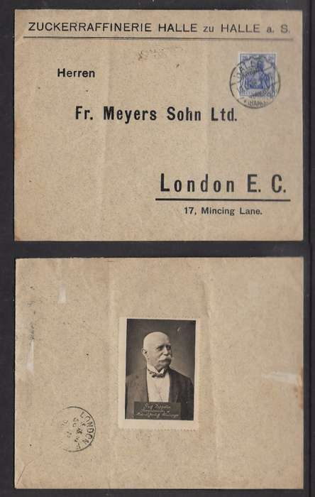 Germany 1908, 20pf cover from sugar refinery HALLE > LONDON, Graf Zeppellin poster on reverse