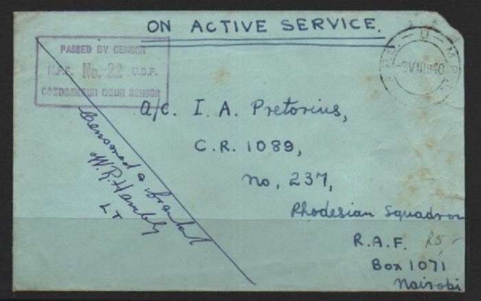 S Africa, OAS WWII , A.P.O. - U- M.P.K 2 8 VIII 40 c.d.s.> Rhodesian Squadron RAF, Nairobi, UDF Cens
