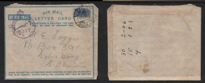 South Africa, air letter, 3d, EGYPT POSTAGE PREPAID 22 JU 43 c.d.s. > S.Rhodesia, Crowned Circle Cen