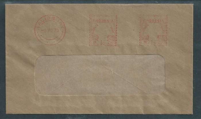 Rhodesia, window envelope, franked 1c, 1c meter stamps in red SALISBURY 9 VII 70, c.d.s.