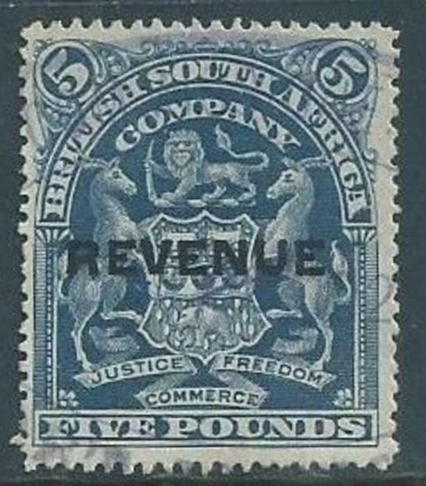 Southern Rhodesia / B.S.A.Co., 1907 Arms, £5, overprinted REVENUE, used