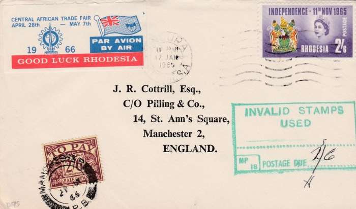 Rhodesia, 2/6 BINDURA 17 JAN 1965 > U.K., INVALID STAMPS, 2/6 POSTAGE DUE MANCHESTER 22 JAN 66, Trad