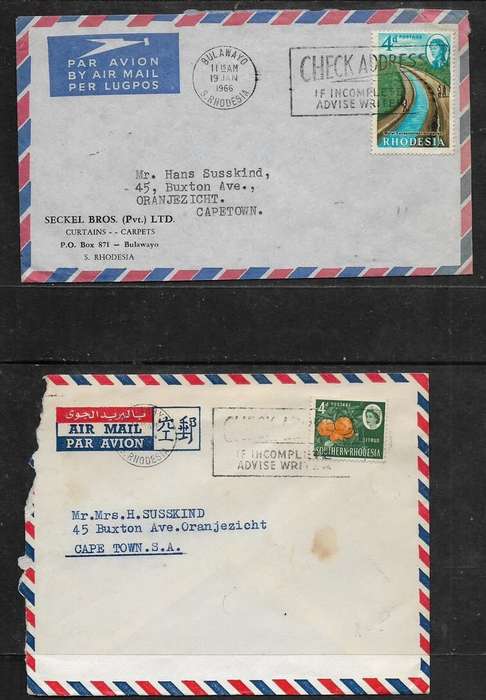 Rhodesia, 1965, 1966 2 covers, air mail,4d > South Africa. BULAWAYO c.d.s.+ slogan CHECK ADDRESS ...