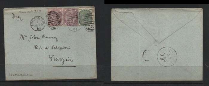 Great Britain, VRI, cover, 2 1\2 d, LONDON S.W. OC 25 82 / SW 28, duplex >Italy VENIZIA 27 oc 82 arr