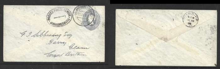 G.B 1892, 2 1/2d stationery envelope, used JOHANNESBURG25 OCT 01, PASSED BY PRESS CENSOR JOHANNESBUR