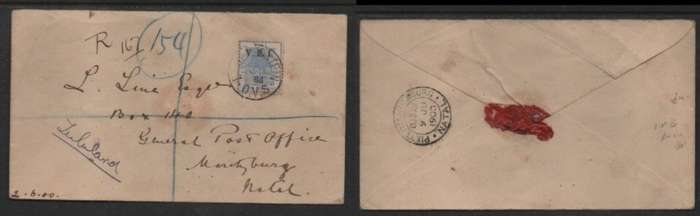 Orange Free State, registered letter V.R.I. 6d, BLOEMFONTEIN JU 2 00 >PIETERMARITZBURG9 JU 1900