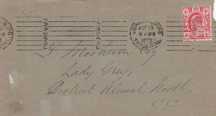 1st sub type of roller cancel TRANSVAAL reading upwards JOHANNESBURG AUG 18 1910