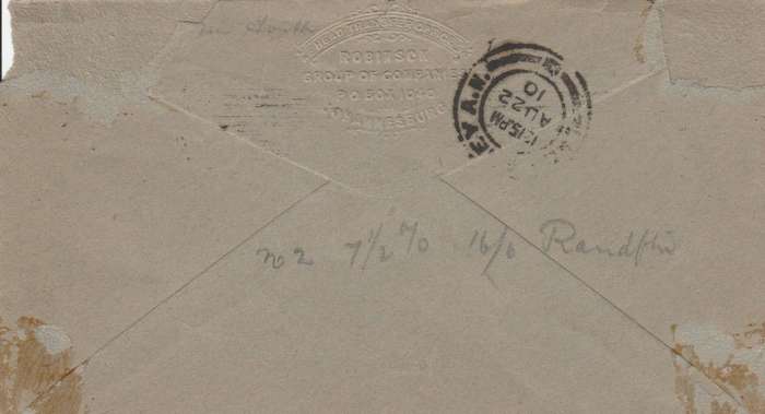 1st sub type of roller cancel TRANSVAAL reading upwards JOHANNESBURG AUG 18 1910