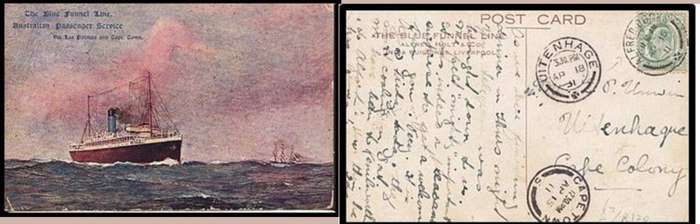 S.Africa, CoGH, 1/2d on Blue Funnel LinePPC, ALFRED DOCKS AP 15 11 c.d.s. >UITENHAGE AP 18, CAPETOWN