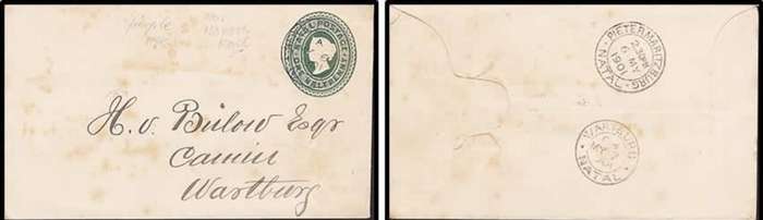 Natal, VRI, 1d stationery envelope, NEW HANOVER RAIL MY 30 1901> WARTBURG NATAL MY3? 7 1901, PIETERM