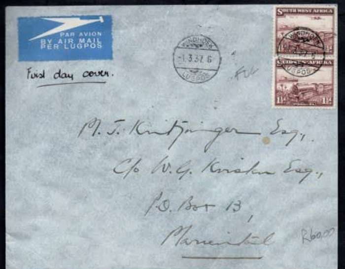 South West Africa, 1 1/2 vertical pair, first day WINDHOEK LUGPOS 1.3.37 c.d.s.air mail > MARIENTAL