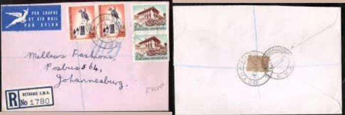 South West Africa registered cover, 8 cents BETHANIE S.W.A. 6 XII 61 c.d.s., > Johannesburg KEETMANS
