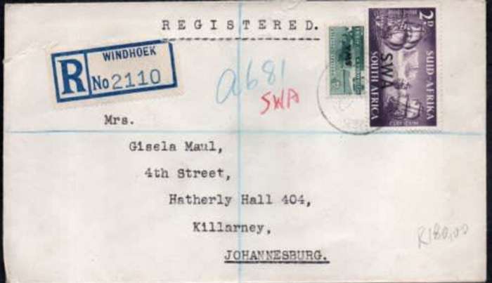 South West Africa registered cover, 6d, WINDHOEK 21 5 52 c.d.s. > Johannesburg.
