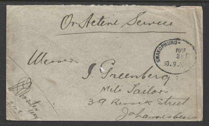 South West Africa, On Active Service, unfranked, SWAKOPMUND 10 9 17 adapted oval date stamp > Johan