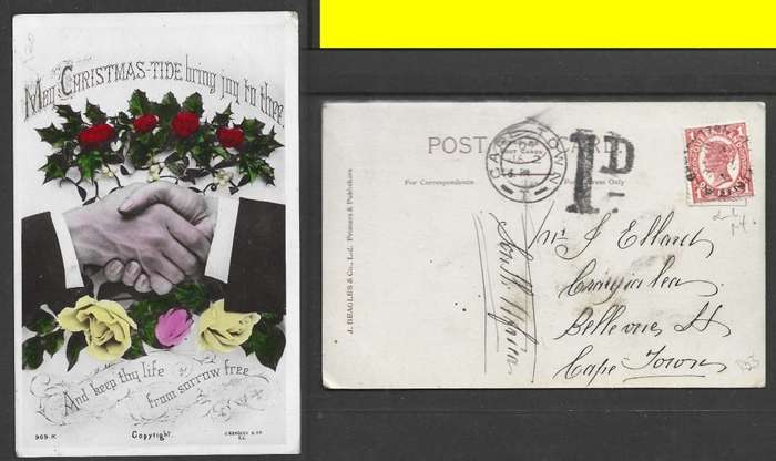 Australia,, post card, 1d, ...INGA QUEENSLAND 6 DE 08, c.d.s. 1D taxe mark, > S.Africa CAPE TOWN 09
