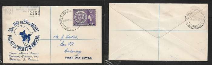 Northern Rhodesia, EIIR, Rhodes Centenary Exhibition First Day cover, BULAWAYO 30 MAY 53 special c.d