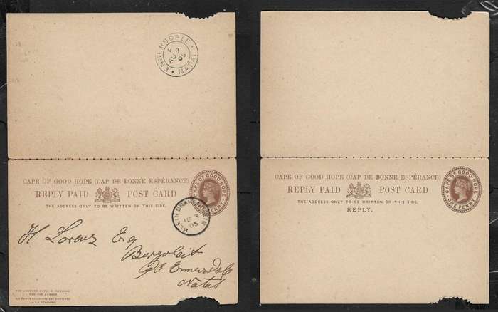 South Africa CoGH, VRI, 1d reply postal card, used, KLEIN DRAKENSTEIN AU 3 05 c.d.s.> ENNERSDALE AU