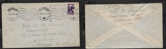 South Africa GVIR, WWII, 2d, sailor, small war effort, DURBAN 12 IV 44 > England