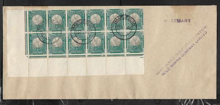 S. Africa 1/2d, marginal block of 12, BANTJESLOO 23 XII 48 > RANDLEASE VOGELSTRUISFONTEIN GOLD MININ