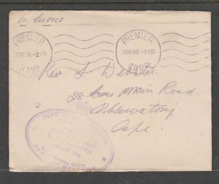 DEPT OF DEFENCE S.A. ENGINEER CORPS PREMIER MINE OFFICIAL FREE, PREMIER MINE 30 XII 40, c.d.s