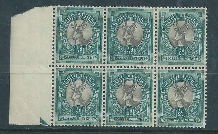 South Africa, 1947, 1/2d, block of 6 with left selvedge, MH *