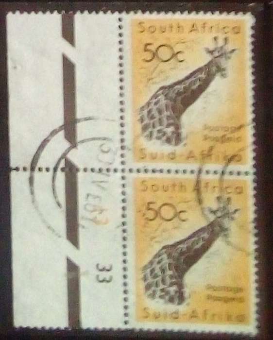 S. Africa, 1961, 50c, giraffe, vertical pair + selvedge, used