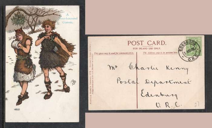Marcus Ward`s N08, mistletoe, rustic boy and girls, used EDENBURG O.R.C.3 APR O6