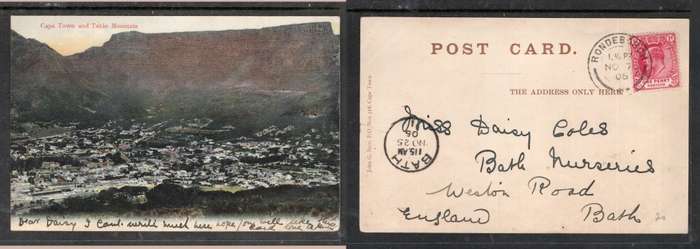 Cape Town & Mountain, used EVIIR 1d, RONDEBOSCH NO 7 06 c.d.s. > BATH, England