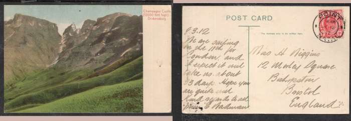 South Africa, Champagne Castle Drakensberg, TVL EVIIR 1d, POINT NATAL MR 12 12 cds> UK