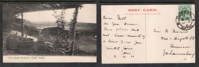 South Africa, view from Nelsons Drift Natal, CoGH 1/2d DURBAN NATAL AP 3 11 cds