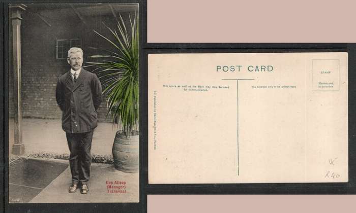 1st class player, Umpire, Transvaal Manager,  Geo Allsop postcard, unused