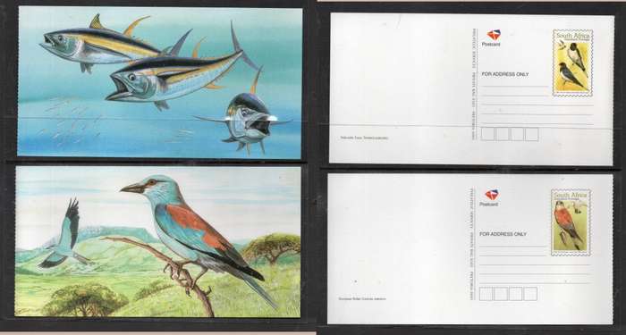 1999 S.Africa,Standard Postage Post Cards, from booklet Yellowfin Tuna, European Roller, unused