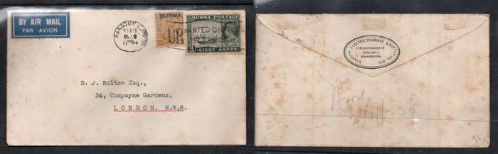 Ceylon, air mail RANGOON 25 OC 39 c.d.s. + UR WANTED ON THE TELEPHONE slogan