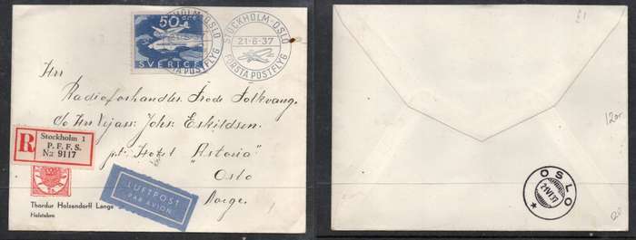 Sweden, First Flight STOCKHOLM - OSLO 21 6 37 c.d.s., OSLO arrivalc.d.s. registered