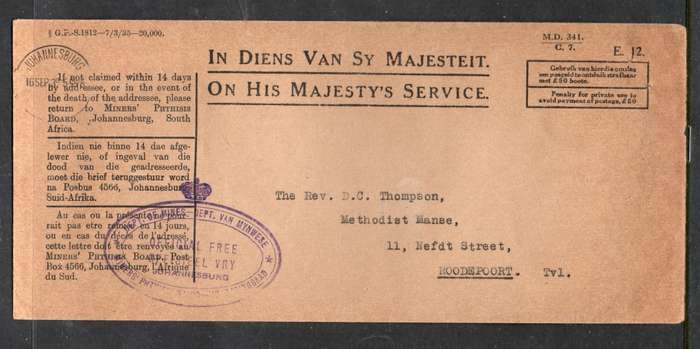 S.Africa O.H.M.S. DEPARTMENT OF MINES OFFICIAL FREE JOHANNESBURG violet o.d.s, no postmark.
